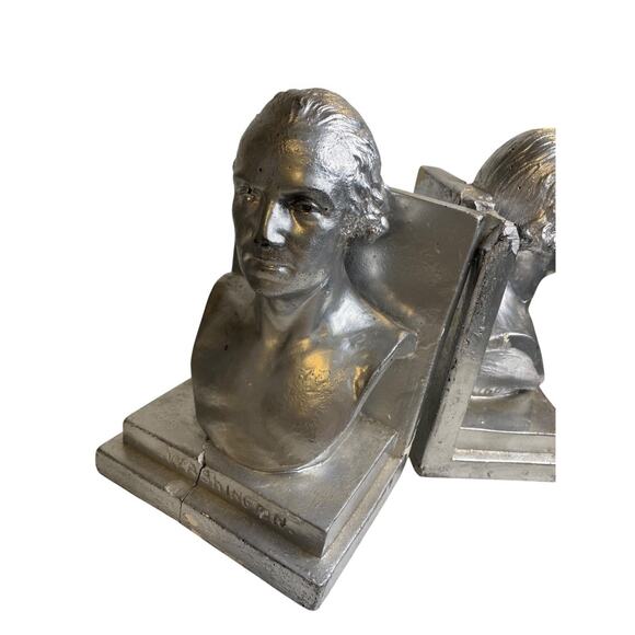 1960 Distressed Pair of Bookends Silver Bust of Washington Plaster Creepy - Picture 3 of 10